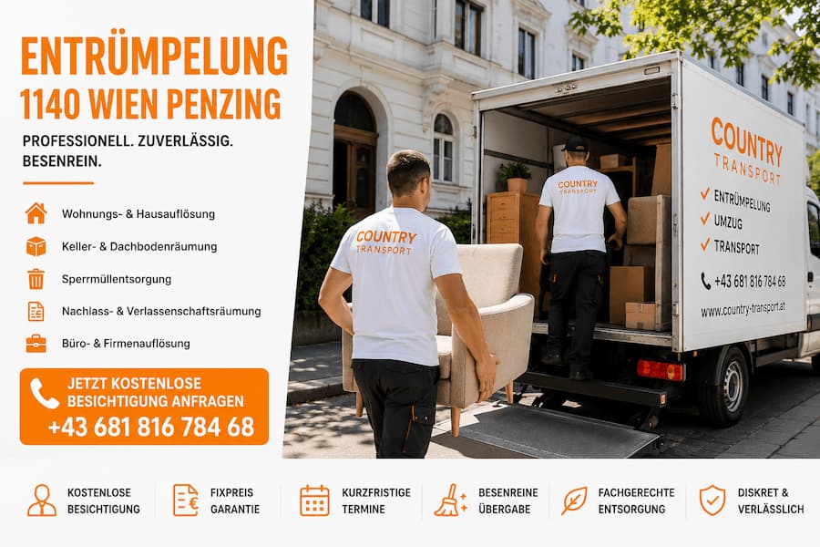 Professionelle Entrümpelung in 1140 Wien Penzing – Wohnungsentrümpelung, Hausräumung, Keller- und Dachbodenräumung durch Country Transport e.U.